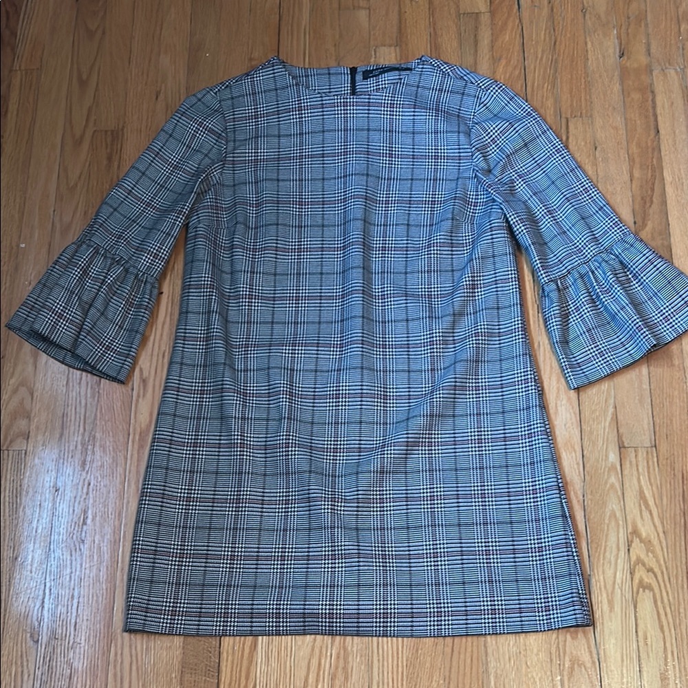 Zara Plaid Midi Dress with Bell Sleeves Size Medium